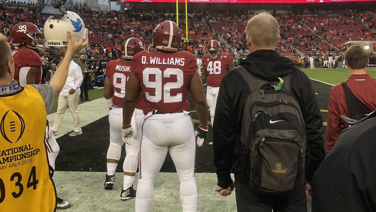 NBCSRaiders's tweet photo. Mike Mayock isn't wasting any time in his new job. 

The Raiders GM spent Monday night scouting Alabama and Clemson players at the #NationalChampionship (via @BairNBCS) https://t.co/1R95WTMkRK https://t.co/VwbNydoaE7