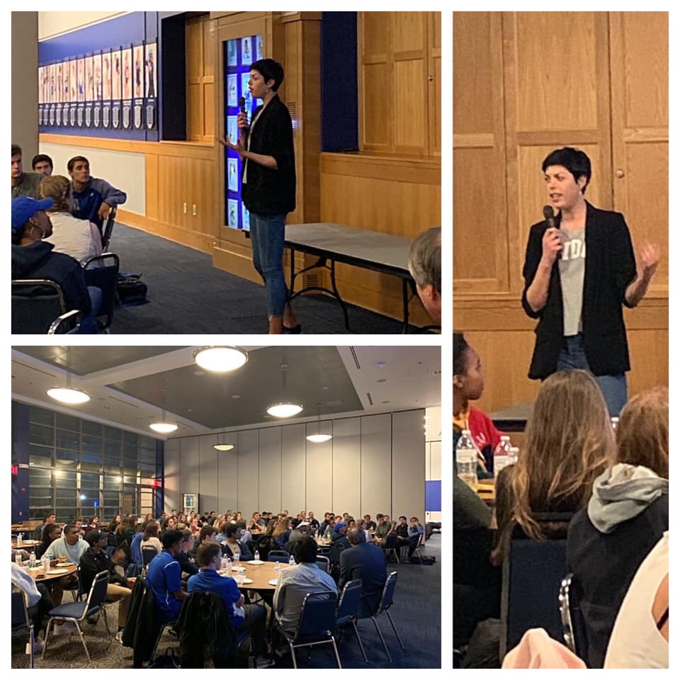 ShawnWilbourn's tweet photo. Blanka Vlašić Zvijezda getting her motivational speak on with our team tonight #DukeT&F https://t.co/vPXjkRHdXZ