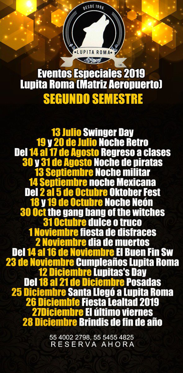 LupitaRomaSw's tweet photo. ¡Con mucha emoción les presentamos nuestros eventos especiales para todo el 2019!

Además de los eventos especiales recuerden que los esperamos en nuestros eventos normales todas las semanas del año de miércoles a sábado

#ViveLaExperiencia #LupitaRoma
XXXIII años haciendo el Sw https://t.co/5JPQmKiT0Q