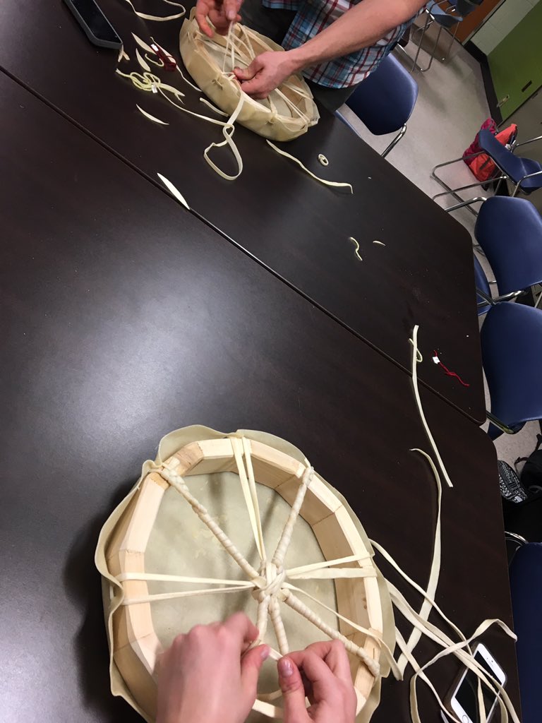 Today in my Aboriginal Teacher Education #FOCI201 class, we made hand drums &amp; learned the traditional Anishanaabe teachings along with it. The hand drum represents our hearts &amp; should be treated as such and with respect. Because it is made from deer hide, it is a living thing.