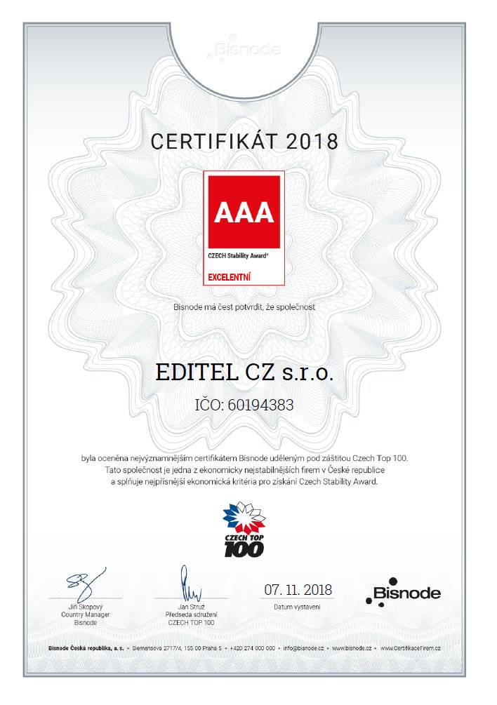 EDITELCZ's tweet photo. Je nám velikou ctí oznámit, že společnost EDITEL CZ s.r.o. získala prestižní ocenění CZECH STABILITY AWARD nejvyšší úrovně AAA EXCELENT a zařadila se mezi 100 nejstabilnějších firem ČR. Toto ocenění nás těší o to víc, protože letos slavíme 25 let. 
Více na https://t.co/YBkqPJeWRz https://t.co/lSdTQ5ZQTG