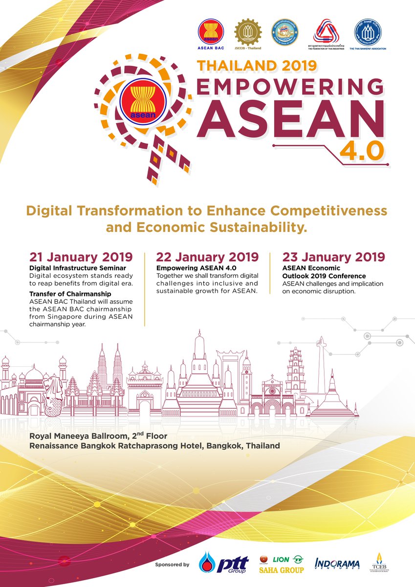ASEAN BAC 2019 (@aseanbac2019) on Twitter photo 3 seminars as follows;
1. Digital Infrastructure Seminar 
2. Empowering ASEAN 4.0 
3. ASEAN Economic Outlook 2019 Conference 3 seminars as follows;
1. Digital Infrastructure Seminar 
2. Empowering ASEAN 4.0 
3. ASEAN Economic Outlook 2019 Conference