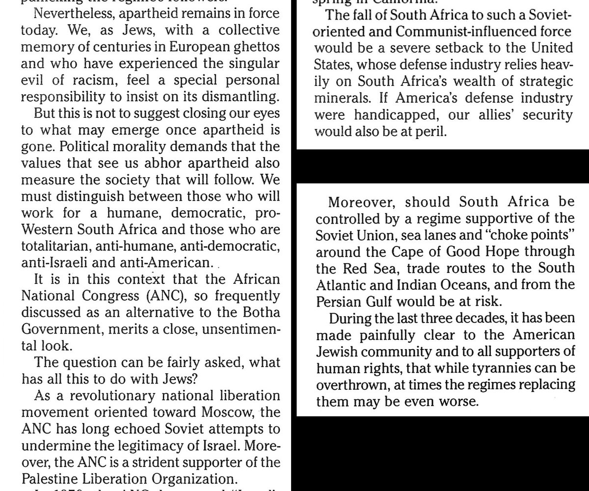 Phan_N's tweet photo. Finally, as a bonus, here’s ADL head Nathan Perlmutter in the May 1986 “ADL Bulletin,” arguing that, from a the standpoint of Jews, the South African apartheid government is preferable to rule by the ANC: https://t.co/qrAm2Il4qJ