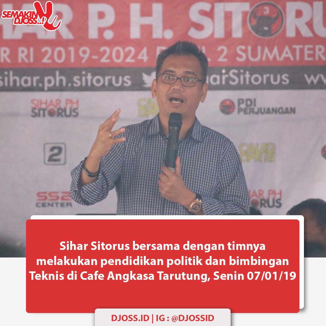 djoss_official's tweet photo. Sihar Sitorus bersama dengan timnya melakukan pendidikan politik dan bimbingan Teknis di Cafe Angkasa Tarutung, Senin 07/01/19. Kegiatan ini dilakukan dalam rangka memenangkan #JokowiAmin jadi Presiden dan Wapres dan @SiharSitorus jadi Anggota DPR RI.
#SiharSitorus #DPRRI #DJOSS https://t.co/taAVjNZiNe
