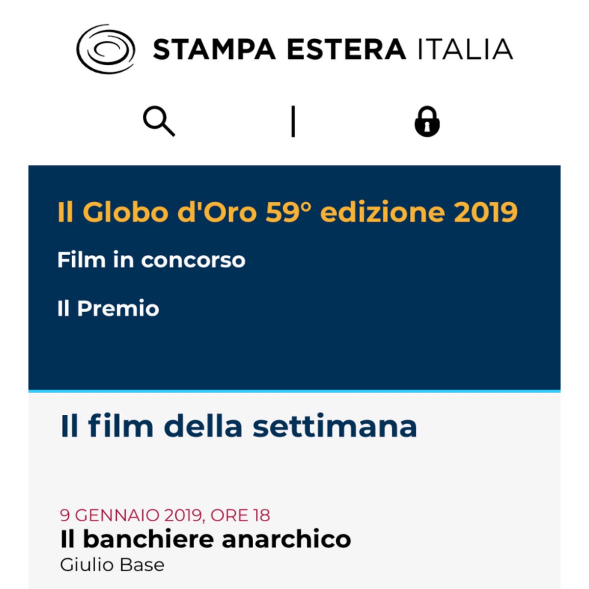 GiulioBase's tweet image. [domani sera, sono onorato]

«Il Comitato Cinema della Stampa Estera ha stabilito di visionare 25 film italiani per l&apos;assegnazione del Globo d&apos;Oro.
I film saranno proiettati nella sala della Stampa Estera.
A fine proiezione avrà luogo un dibattito con il regista».

@Stampa_Estera