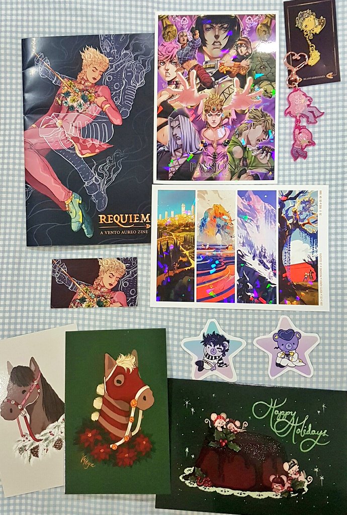 My guest copy of <a href="/BearzarreZines/">🌟🐞💛</a> 's Vento Aureo Zine arrived safely! Look at everyone's dope merch game damn 😍💖✌Thanks a lot for having me (and the holiday wishes)!!