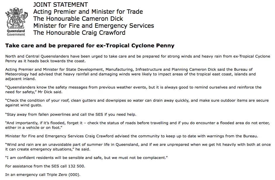 CroakeyNews's tweet photo. Take care and be prepared for ex-Tropical #CyclonePenny: statement from Qld Govt https://t.co/WDENHP30kg