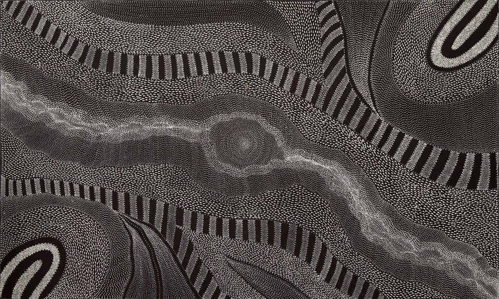 Black and White collection – Sandhills and River Bed Country, 150x90 cm, Anna Petyarre, Jap 013677 japingkaaboriginalart.com/collections/bl…