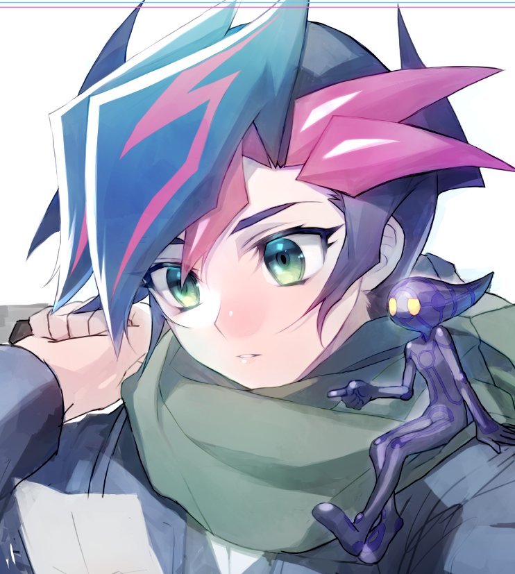 male focus green eyes scarf 1boy black hair holding duel monster  illustration images