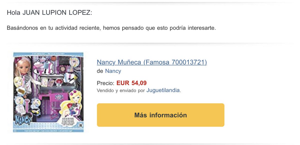 Para la próxima vez que pensemos que la IA está a punto de convertirse en Skynet.  Amazon (nada menos) insistiendo que compre juguetes el 8 de enero.