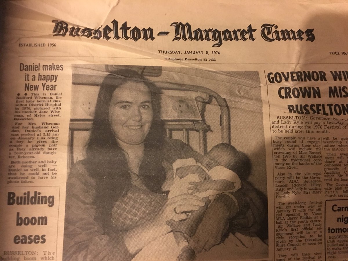 wisey007's tweet photo. Front cover from the Busselton Margaret River Times 43 years ago today. That’s me if you didn’t guess the baby in the picture. Article top left. Grateful to have this paper still @firstresponsewa @penny_elbery @BusseltonMail @swtimes https://t.co/XjCR5h6TCh