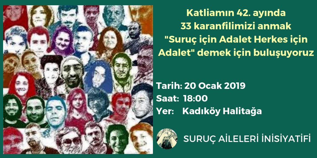 "Suruç İçin Adalet Herkes İçin Adalet" demek için, katliamın 42. ayında buluşuyoruz.
#SuruçİçinAdalet