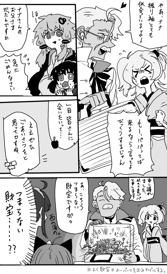 らくがき AHSボカロ女子会とMac音ナナさんと押しかけMac音パパさん パパさん(中の人:中田譲治さん)のガチ感 
ちなみにお土産財宝は公式ネタ 