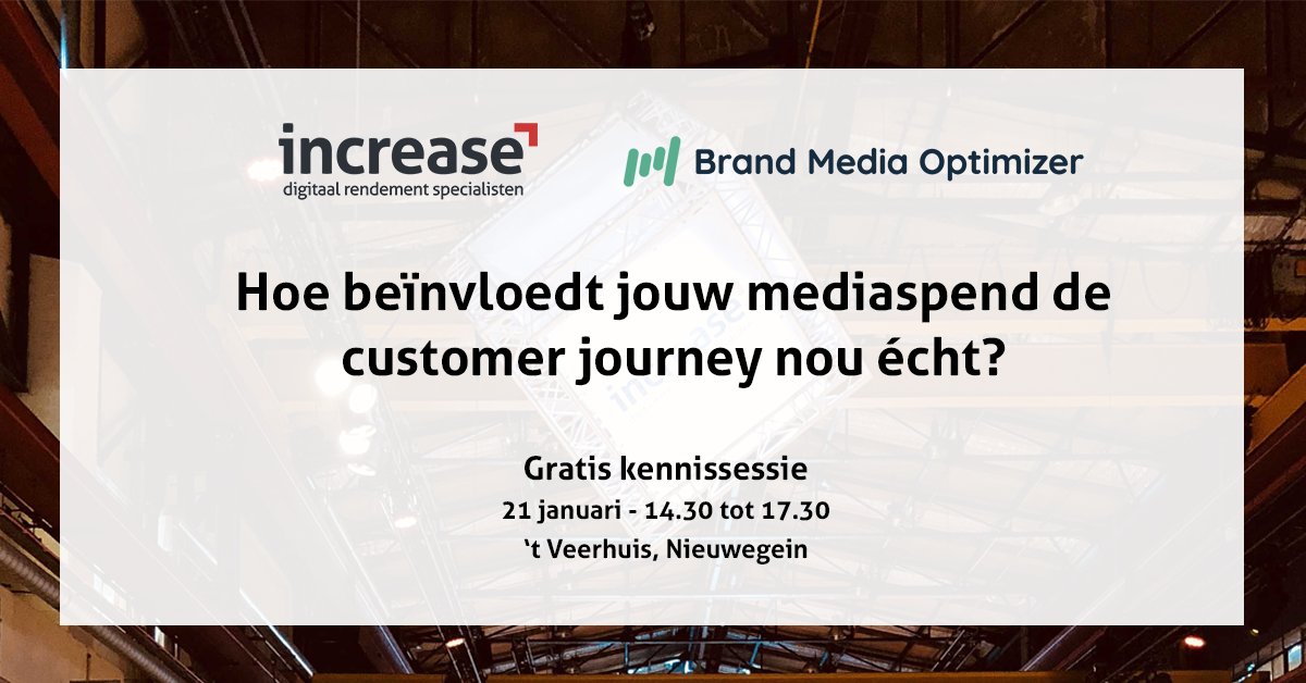 Wij participeren in de Brand Media Optimizer. Een baanbrekende methode om effectiviteit van online én offline marketingbudget te verhogen. Meer weten? Kom naar de gratis kennissessie op 21 jan. van 14.30 t/m 17.30 in Nieuwegein. 

Bekijk het programma op lnkd.in/gqviJCG