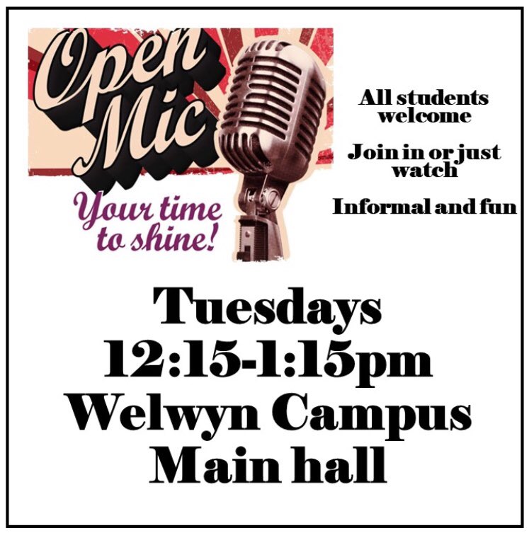 OakExtra's tweet image. Welwyn students - Open mic session on Tuesdays. Everyone welcome! @oaklandscollege