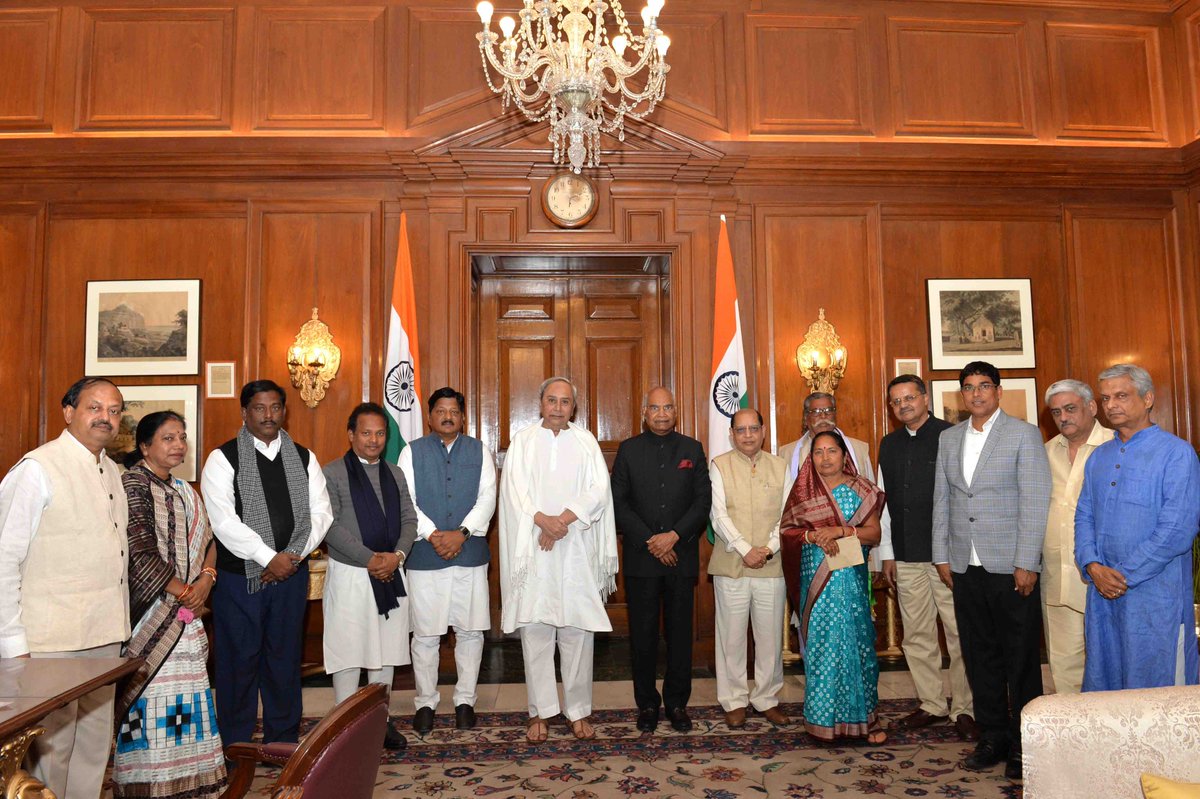 rashtrapatibhvn's tweet photo. In separate engagements #PresidentKovind met Shri Naveen Patnaik, Chief Minister of Odisha, along with a delegation of BJD leaders; and Shri Kummanam Rajasekharan, Governor of Mizoram. https://t.co/WbWPXJ4H93
