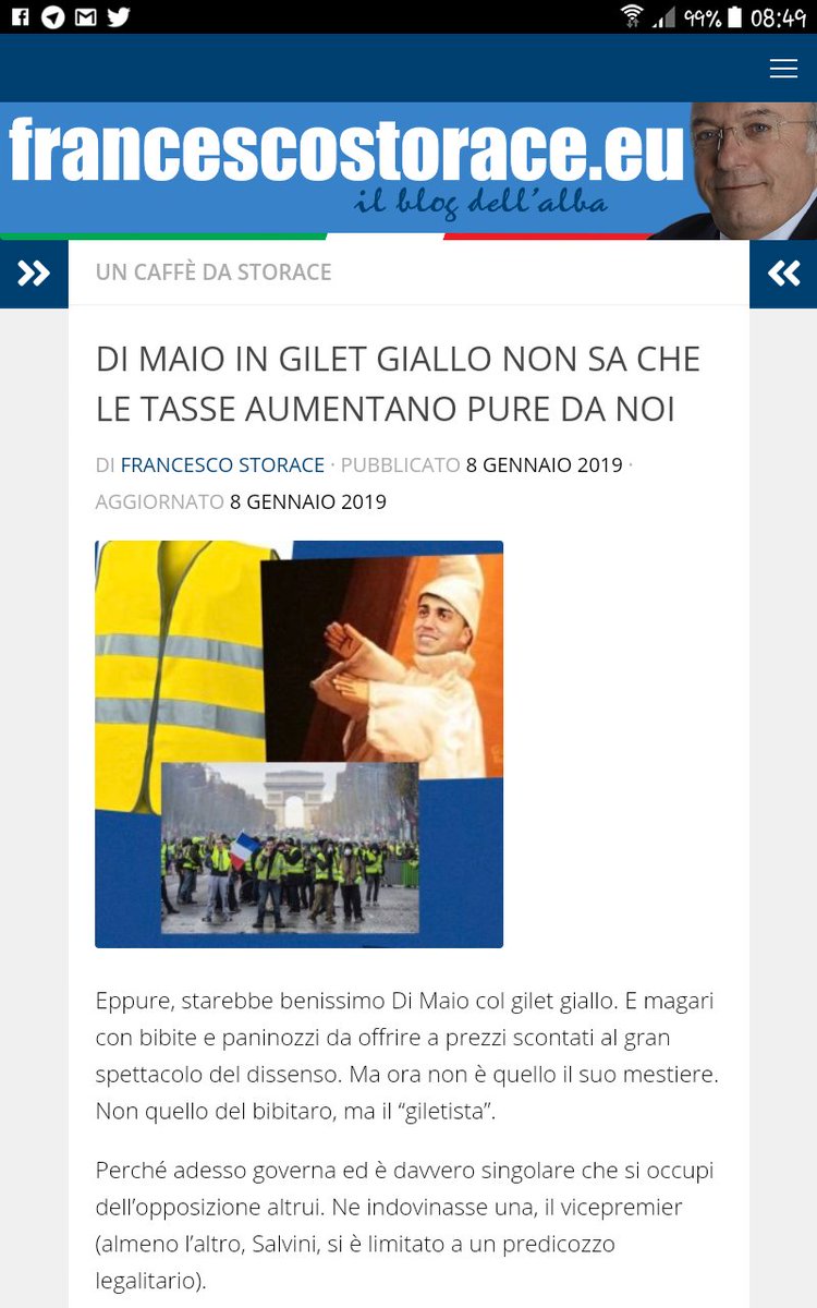 marisaLaDestra's tweet photo. @Storace #newstyling
#8gennaio☕da.@Storace✍#editoriale #sovranista
📌#DIMAIO IN #GILETGIALLO NON SA CHE LE #TASSE AUMENTANO PURE DA NOI
#Francia
Morte alla #GLOBALIZZAZIONE
Rivogliamo la nostra #SOVRANITA'
#Meloni:[E i"giletgialli”#italiani?
#Storace:[Non ce la fanno]
#ilblogdiStorace🖊 https://t.co/8zLRcXtfnj