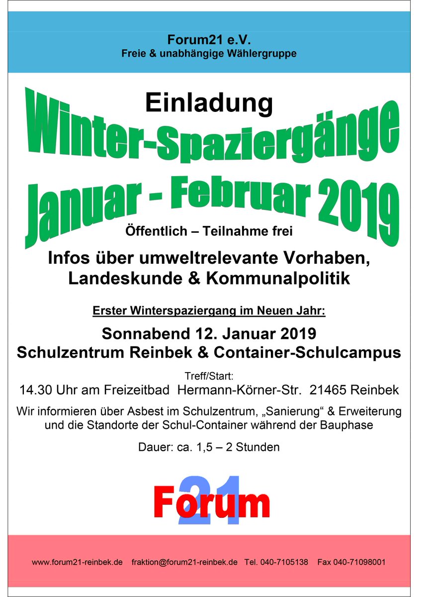 #Forum21 veranstaltet den ersten Winterspaziergang am 12.01.2019 mit Informationen zur #Asbest-Belastung im #Schulzentrum #Reinbek, die vorgesehenen Standorte des Schulcontainer-Campus während der Bauzeit, zur Frage warum die Photovoltaik-Anlage vom Dach verschwinden soll/muss.