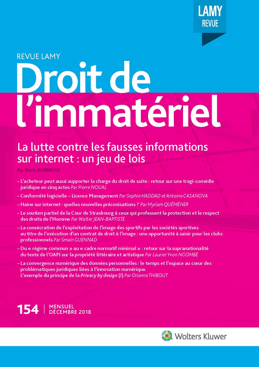 Au sommaire du n°154 de la #RLDI : #IntelligenceArtificielle, #FakeNews, #Droitdauteur, #PLA, #OAPI, #Droitdesuite, #Conformitélogicielle, #LicenceManagement, #Internet, #Haine, #DroitsdelHomme, #Droitàlimage, #Donnéespersonnelles, #Innovationnumérique, #Privacybydesign....