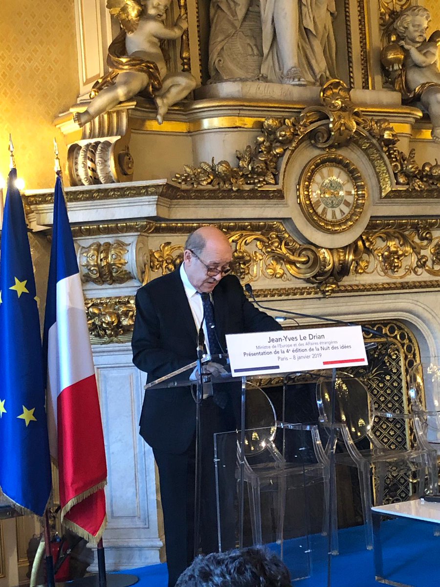 IFParis's tweet photo. La Conférence de presse de #lanuitdesidées 2019 se déroule ce matin au quai d'Orsay, en présence du Ministre @JY_LeDrian, @PierreBuhler, Pierre Sellal, président de la @Fondationfrance, Philippe Descola, professeur au @cdf1530, et Camille Louis. https://t.co/bjnLY02FMp https://t.co/wQRdQS350F