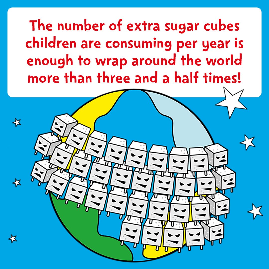UKHSA's tweet photo. The number of extra sugar cubes children consume each year could wrap around the more than 3.5 times! Our new @Change4Life #teaching resources help kids learn about sugar in food and drink and find healthier swaps. https://t.co/tolxu0xRBO