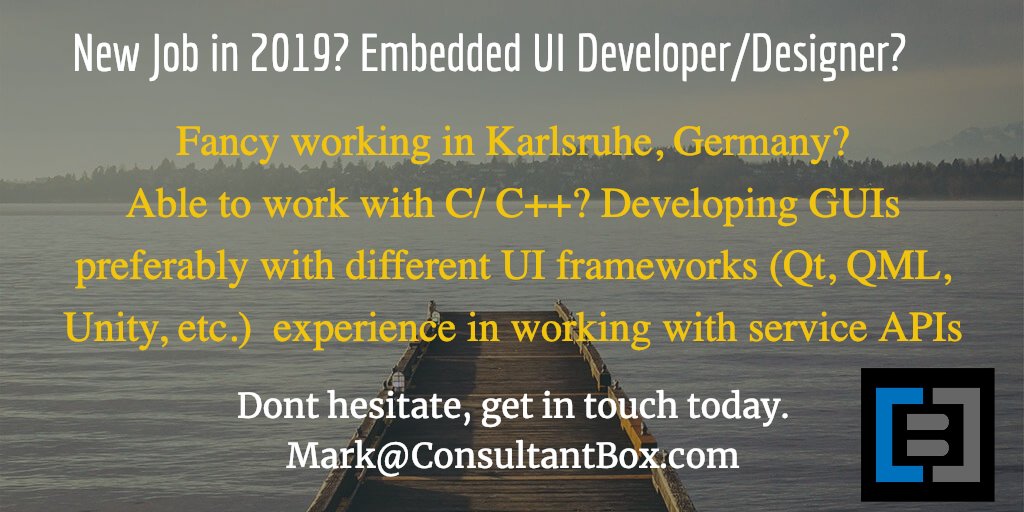 New #job in 2019? #Embedded #UI #Developer / #Designer? Fancy working in #Karlsruhe, #Germany? Able to work with #C/ #C++? Developing GUIs preferably with different UI frameworks (Qt, QML, Unity, etc.)  experience in working with service APIs. Get in touch today!