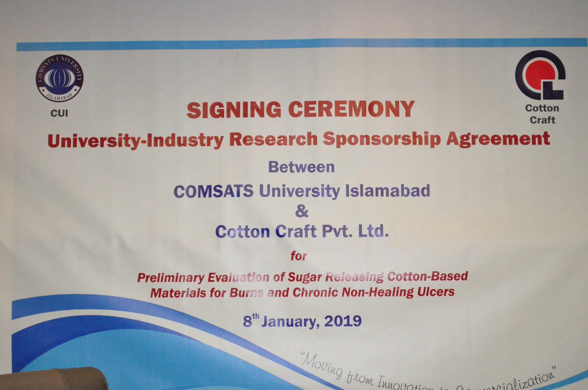 amqureshi83's tweet photo. Rector CUI @rqamar along with senior officials of #CUI and #CottonCraft Pvt. Ltd. witnessed the signing ceremony of the first IP Commercialisation of #CUI. The agreement will pave way for commercialising a wound healing patent developed by @IRCBMCIIT at CUI Lahore Campus @PakPMO https://t.co/zShrGzAP1M