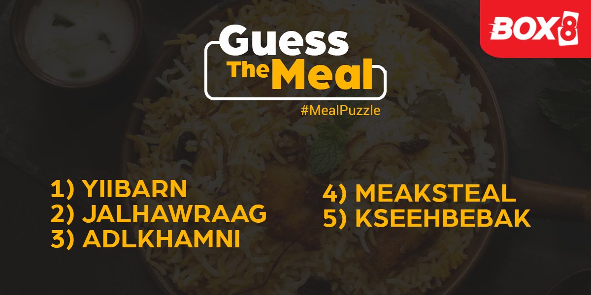 ‼️#ContestAlert‼️
Guess the Meal &amp; Stand a chance to win Meal Voucher😉

Rules:
- Like, Retweet &amp; comment the answer with #Mealpuzzle
- Tag your 3 Friends
- Follow BOX8- Desi Meals on all the channels

#contest #giveaway #Mumbai #Pune #Bangalore #desilove