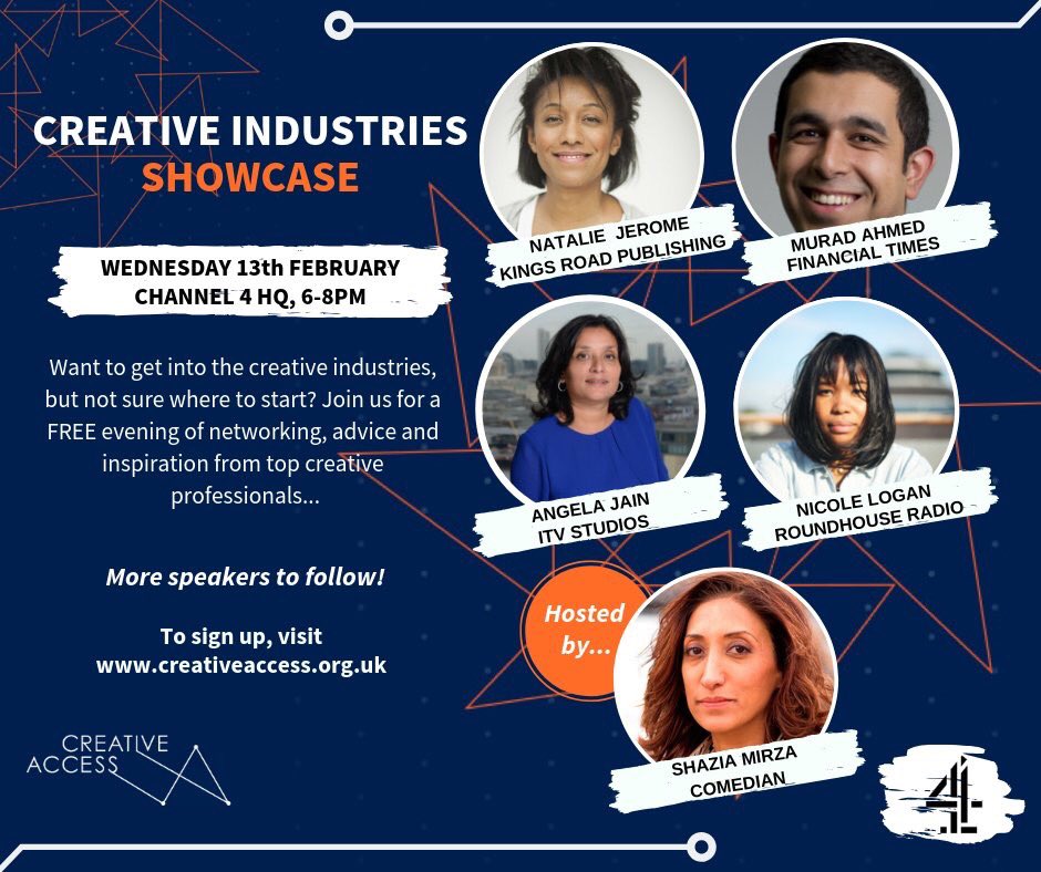 Want to get into the creative industries but not sure where to start? Join our 2019 #CreativeIndustriesShowcase on 13/2 <a href="/Channel4/">Channel 4</a> with a top panel of speakers including <a href="/muradahmed/">Murad Ahmed</a>  @nataliej76 <a href="/Niccyniss/">negroni sbagliato</a>  #AngelaJain from <a href="/itvstudios/">ITV Studios</a> &amp; host <a href="/shaziamirza1/">Shazia Mirza</a> ow.ly/zmDC30ndgT9