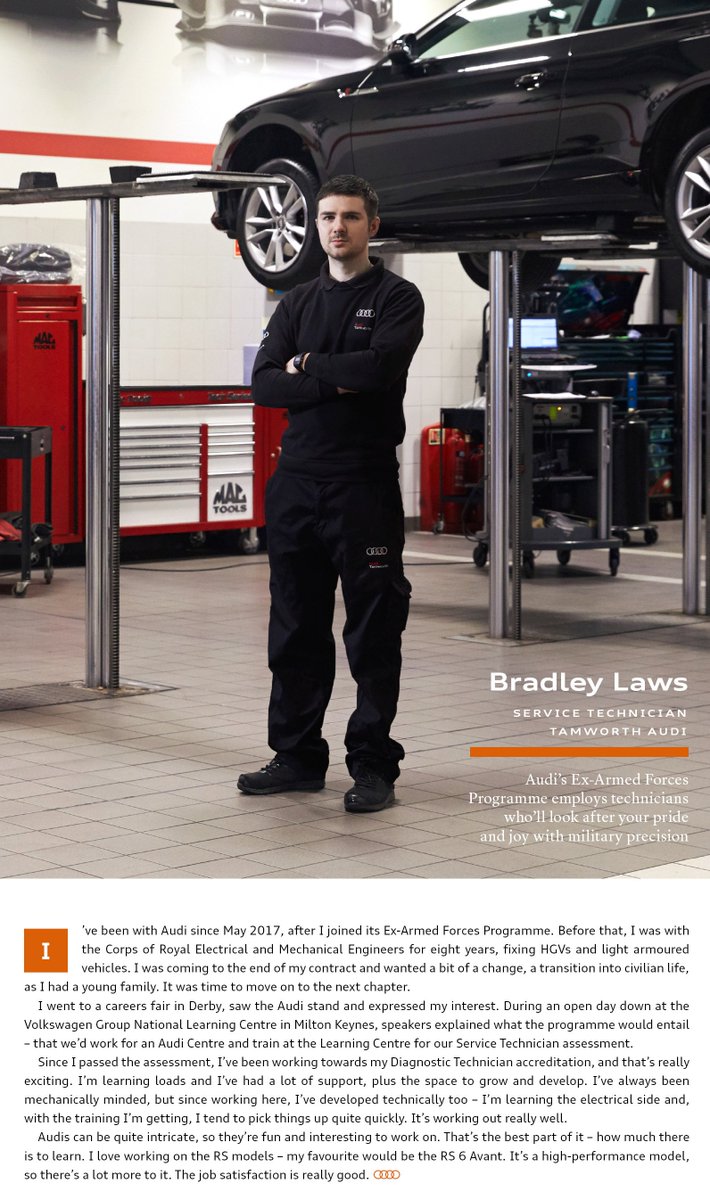 What is it like to be part of Audi’s Ex-Armed Forces Programme? Bradley Laws a Service Technician from Tamworth Audi, gives us an insight into his journey so far. audi.co.uk/armed-forces-p… #ExArmedForces #Audi