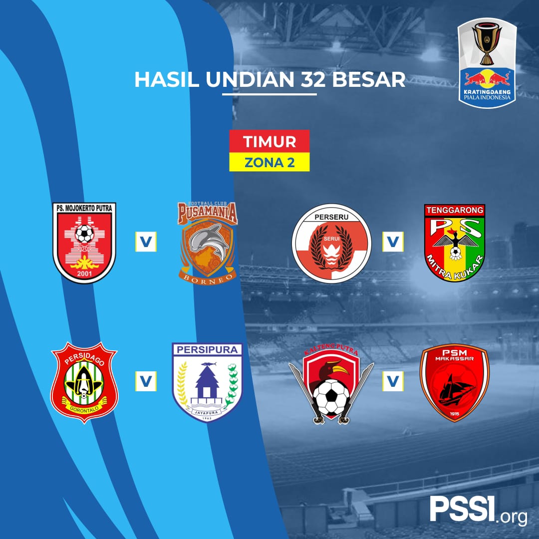 Hasil undian babak 32 besar Kratingdaeng Piala Indonesia .

#PSSINow #SepakBolaNusantara #KratingdaengPialaIndonesia