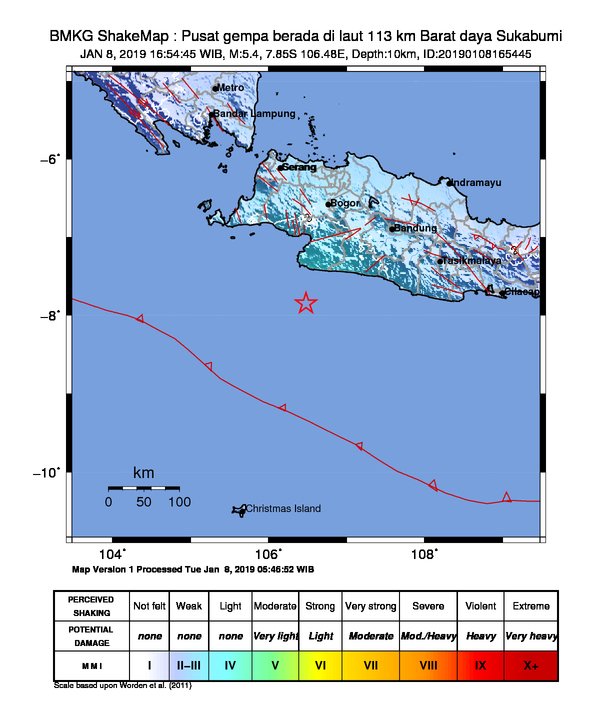 #Gempa Mag:5.4, 08-Jan-19 16:54:45 WIB, Lok:7.85 LS, 106.48 BT (Pusat gempa berada di laut 113 km Barat daya Sukabumi), Kedlmn:10 Km Dirasakan (MMI) II-III Bandung, III Sukabumi, III Pelabuhan Ratu, II Pangandaran, II Lembang, II Cibareno #BMKG