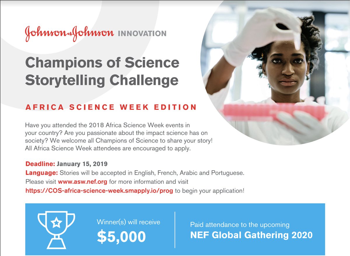 NextEinsteinFor's tweet photo. Opportunity: Are you a student? Scientist? Innovator? Investigator? Or simply passionate about science? @JNJInnovation invites all participants of #NEFScienceWeek to participate in the champions of science story telling challenge. Apply before 15 Jan 2019 https://t.co/zwwnop0eWS https://t.co/7S9EVYMxLP