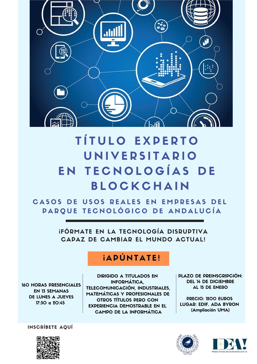 PTAMalaga's tweet photo. Nuevo título de experto universitario en Tecnología blockchain de la Universidad de Málaga (@InfoUMA) con casos de uso de empresas del PTA. Comenzamos  el 28 de enero. Más información y preinscripción en: https://t.co/oOMiTxCmh0 https://t.co/NWEC6ROycy