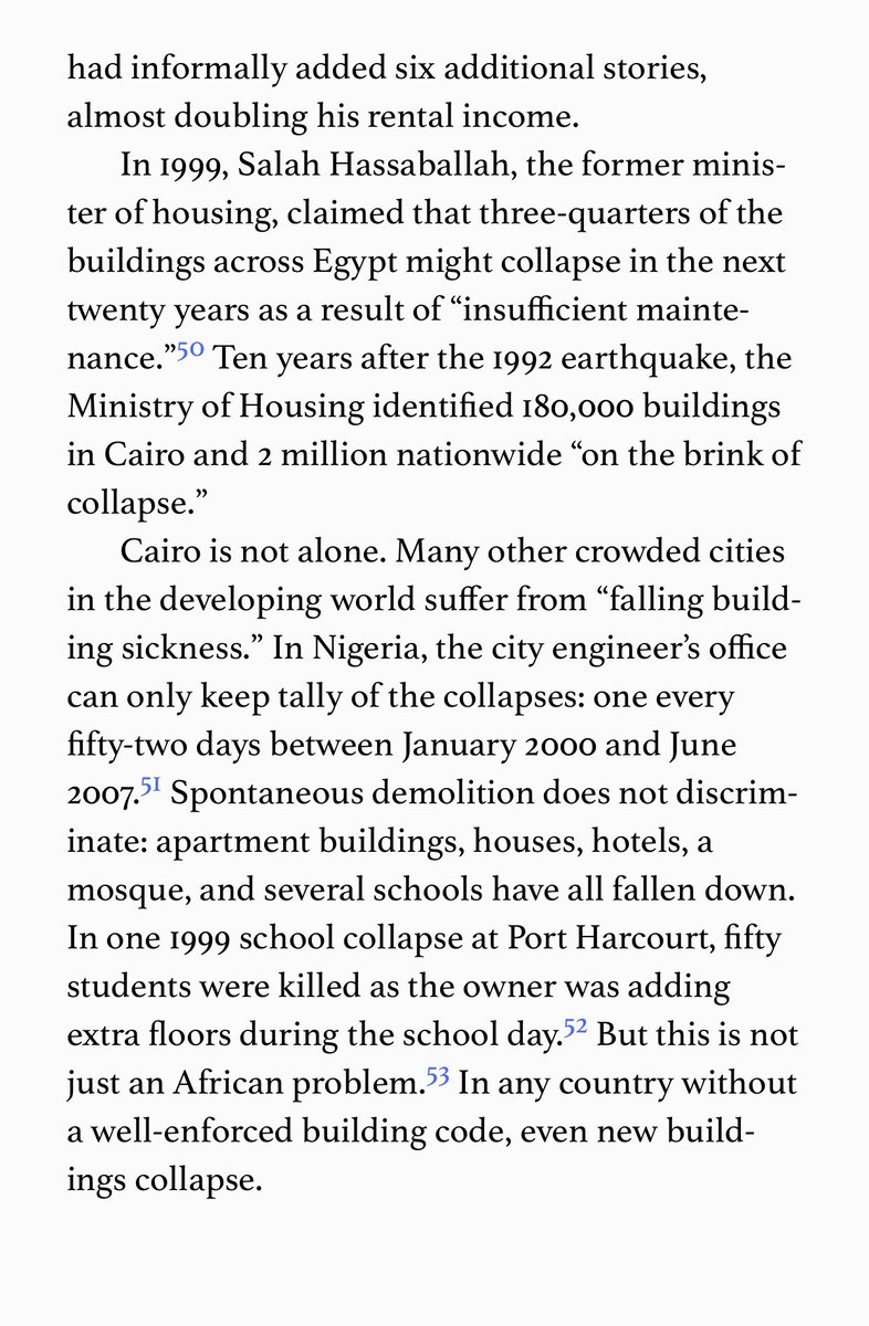 “The collapse of the WTC towers was shattering and extraordinary. People in N Europe, US, Japan, go through a lifetime never witnessing a building collapse. Yet, if you are one of the 12 million inhabitants of Cairo, the collapse of a building would seem an everyday occurrence.”