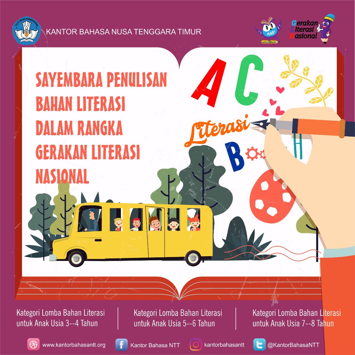 BadanBahasa's tweet photo. Info untuk #SahabatBahasa. Sayembara Penulisan Bahan Literasi dalam Rangka Gerakan Literasi Nasional Tahun 2019 yang diselenggarakan oleh Kantor Bahasa NTT. #gerakanliterasinasional #kantorbahasantt https://t.co/EEn5qehzwP