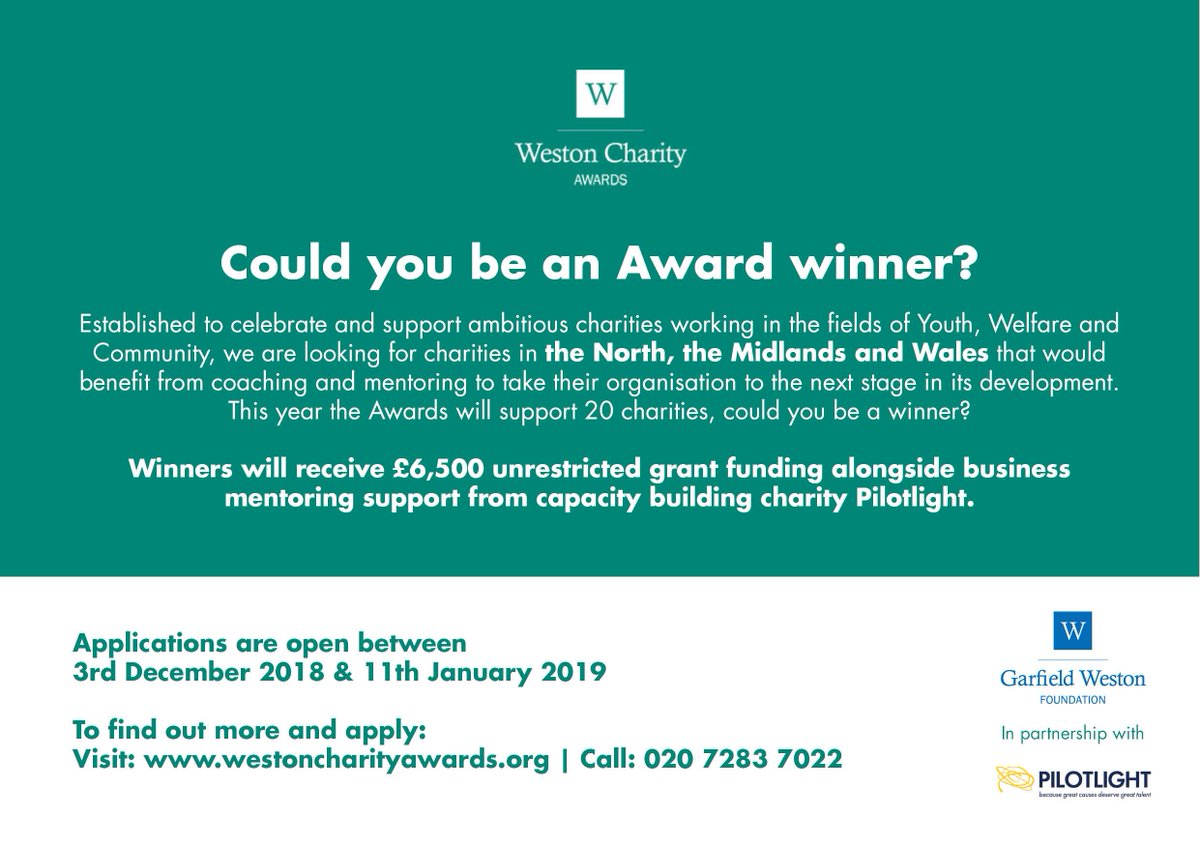 Only a few days left to apply for @GarfieldWFdn #WestonCharityAwards and receive a year's support from @PilotlightUK such a great programme which helped transform the work we do at @SELFA_Charity in 2017!