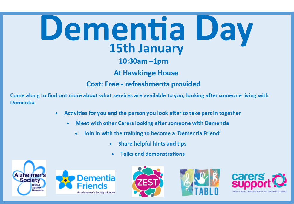 Do you look after someone with dementia? You can meet others, find out about help and support available and discover activities you can take part in together at a dementia day next week.
It takes place on 15 Jan, 10.30am-1pm at Hawkinge House, Hurricane Way, Hawkinge, and is free