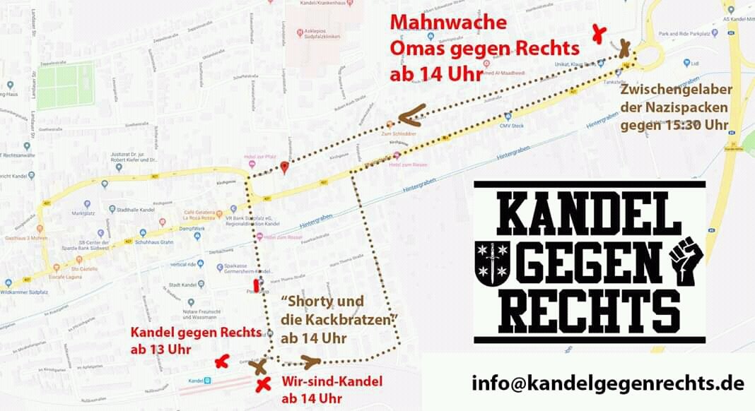 Samstag marschiert die braune Brut mal wieder durch #Kandel.
Der #Gegenprotest trifft sich um 13 Uhr in der Gartenstr. bei #kandelgegenrechts oder um 14 Uhr am südlichen Bahnhofsparkplatz bei <a href="/Wir_sind_Kandel/">Wir sind Kandel</a>. 
Kommt vorbei und seit laut. 

#kandel1201 #keinFußbreitdenFaschisten