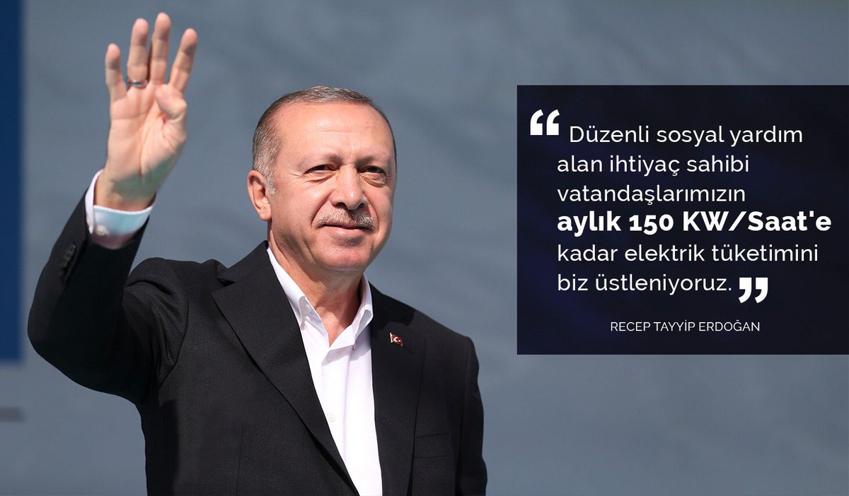 Cumhurbaşkanımız Recep Tayyip Erdoğan açıkladı: Düzenli sosyal yardım alan ihtiyaç sahibi vatandaşlarımızın aylık 150 KW/Saat'e kadar elektrik tüketimini biz üstleniyoruz.