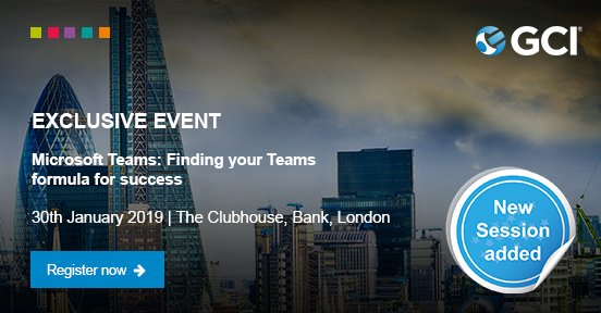 GCI_Com's tweet image. Our morning session has sold out so we've added an additional afternoon slot for our #MicrosoftTeams event! Join us in #London on the 30th Jan for demos of how Teams improves staff colloboration and harnesses the power of other #Office365 apps.

📲 buff.ly/2QyubN4