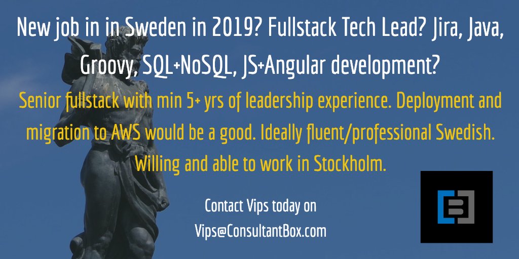 New Year, New #job? #Senior #fullstack with min 5+ yrs of leadership experience. Jira, Java, Groovy, SQL+NoSQL, JS+Angular, development. Deployment/migration to AWS a plus. Ideally fluent/professional Swedish. Willing and able to work in Stockholm. Interested? Get in touch today!