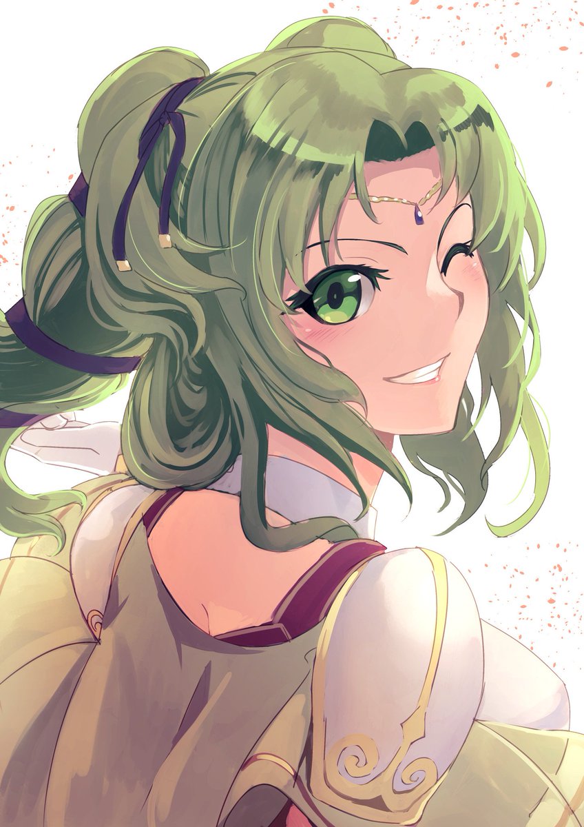 1girl green eyes one eye closed solo green hair smile armor  illustration images