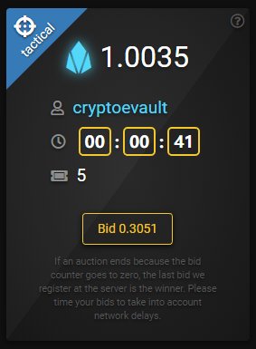eos_time's tweet image. We have a new auction type - Tactical. Very limited max bids, back to back bidding is allowed and bid price is low. How will you win? #eos #eosdapps #eostime #eosauction