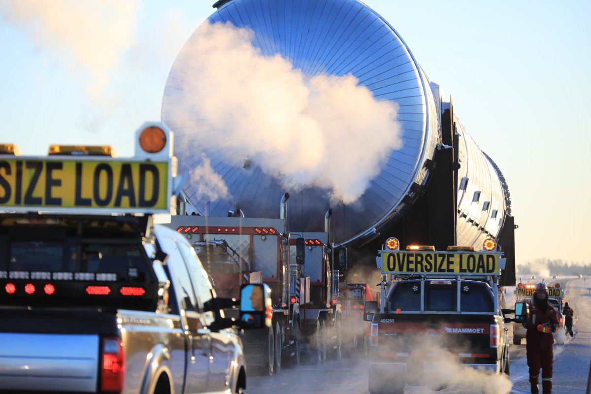 inter_pipeline's tweet photo. It is a chilly morning for day two of the move! The Splitter is leaving the staging area just off Highway 14 and will be driving through #Tofield this afternoon @MammoetHolding  #megamove #ABEnergy #HeartlandComplex https://t.co/vKbzEYFTag