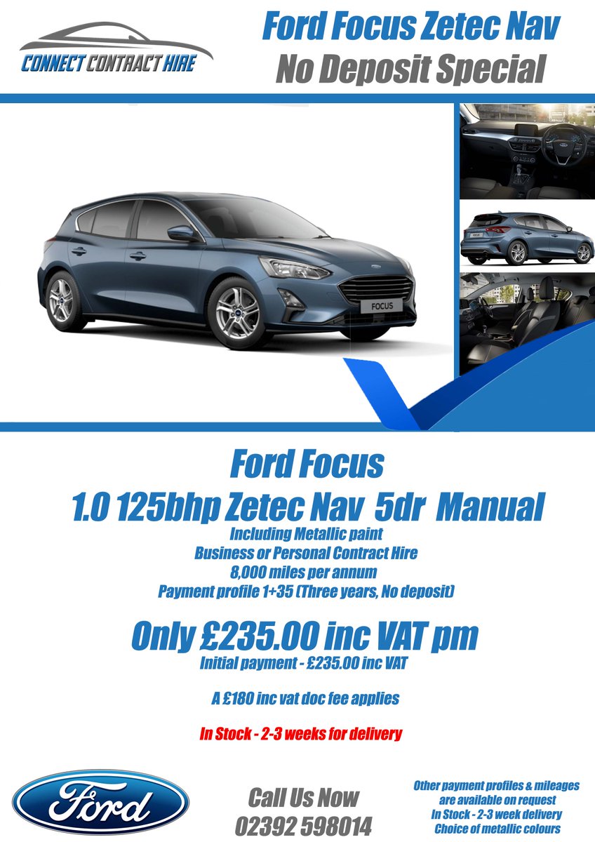 CCHCARS's tweet photo. #Ford #Focus 1.0 125BHP #Zetec Nav 5dr Manual. Only £235.00 inc VAT with no deposit. Call us on 02392598014 #newcar #contracthire #leasecar #lease #hampshire #portsmouth #horndean #southcoast #waterlooville #southsea #havant #chichester #petersfield https://t.co/pmk9lFSVOd