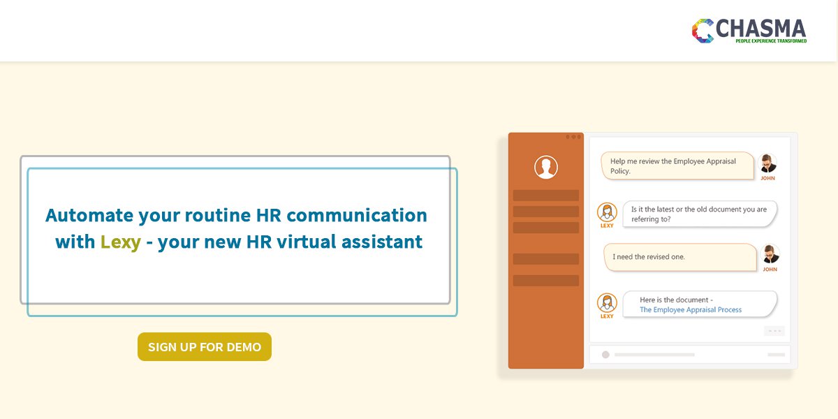 ChasmaPlace's tweet photo. Automate your routine #HR communication with #Lexy - your new #HRvirtualassistant #HRArtificialIntelligence #HRBot
https://t.co/IlteR99YPI https://t.co/OP7uhz79Jp