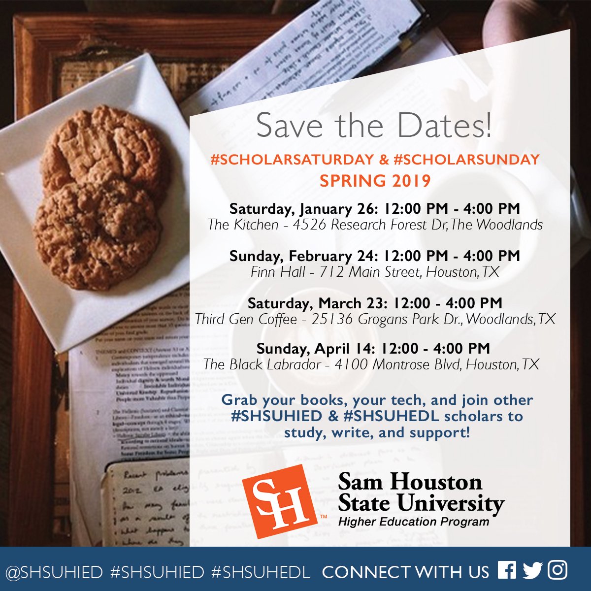 Attention all Houston area #SHSUHIED #SHSUHEDL scholars! Join us for one or all of our Spring Scholar Weekend Days. These are great opportunities to study and be in community with fellow Bearkat scholars! #SHSUCOE #SHSU @SHSUOnline @SHSUCOE