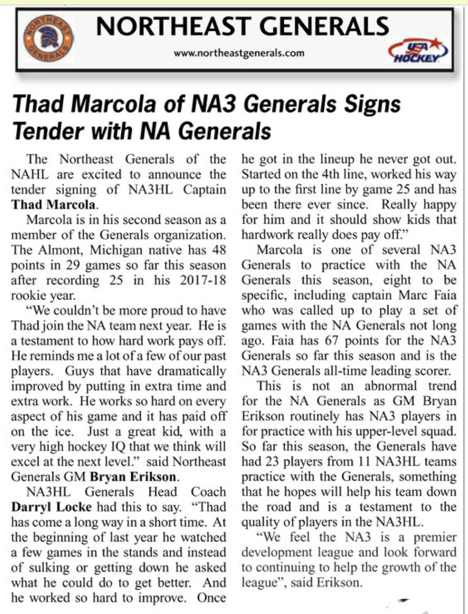 Great article in this months <a href="/usajuniorhockey/">USA Junior Hockey Magazine</a> magazine about the rise of <a href="/NA3HL/">NA3HL</a> <a href="/negenerals/">Northeast Generals</a> Captain <a href="/ThaddeusMarcola/">Thaddeus Marcola</a> and the impact the <a href="/NA3HL/">NA3HL</a> model makes on the <a href="/NAHLHockey/">NAHL</a> <a href="/negenerals/">Northeast Generals</a> #ladderofdevelopment