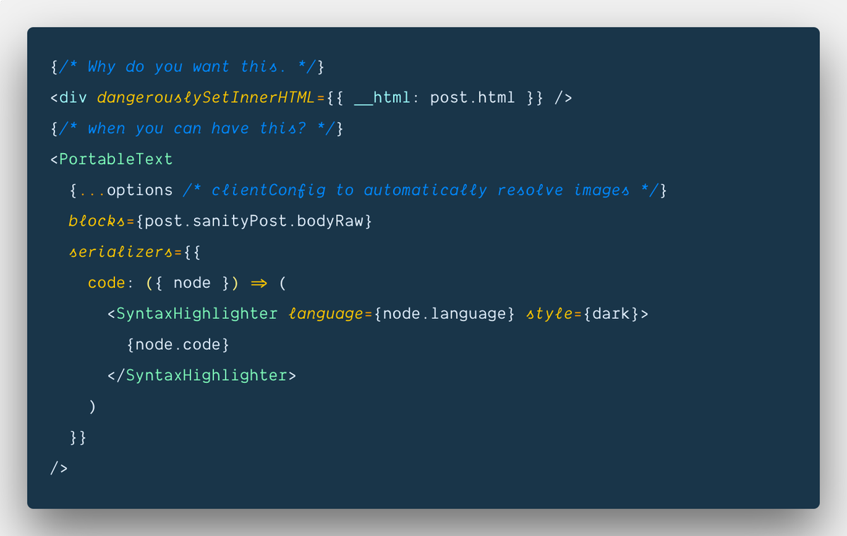 kmelve's tweet photo. Working with @sanity_io and @gatsbyjs, and I must say, feels so good to replace `dangerouslySetInnerHTML()` with proper #Reactjs components thanks to #PortableText and custom content blocks ❤ https://t.co/nqAUbBVDT1